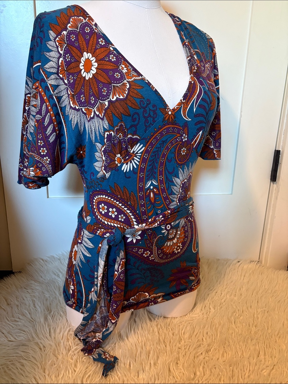 Y2K Floral Paisley Teal Wrap-Style Women’s Top